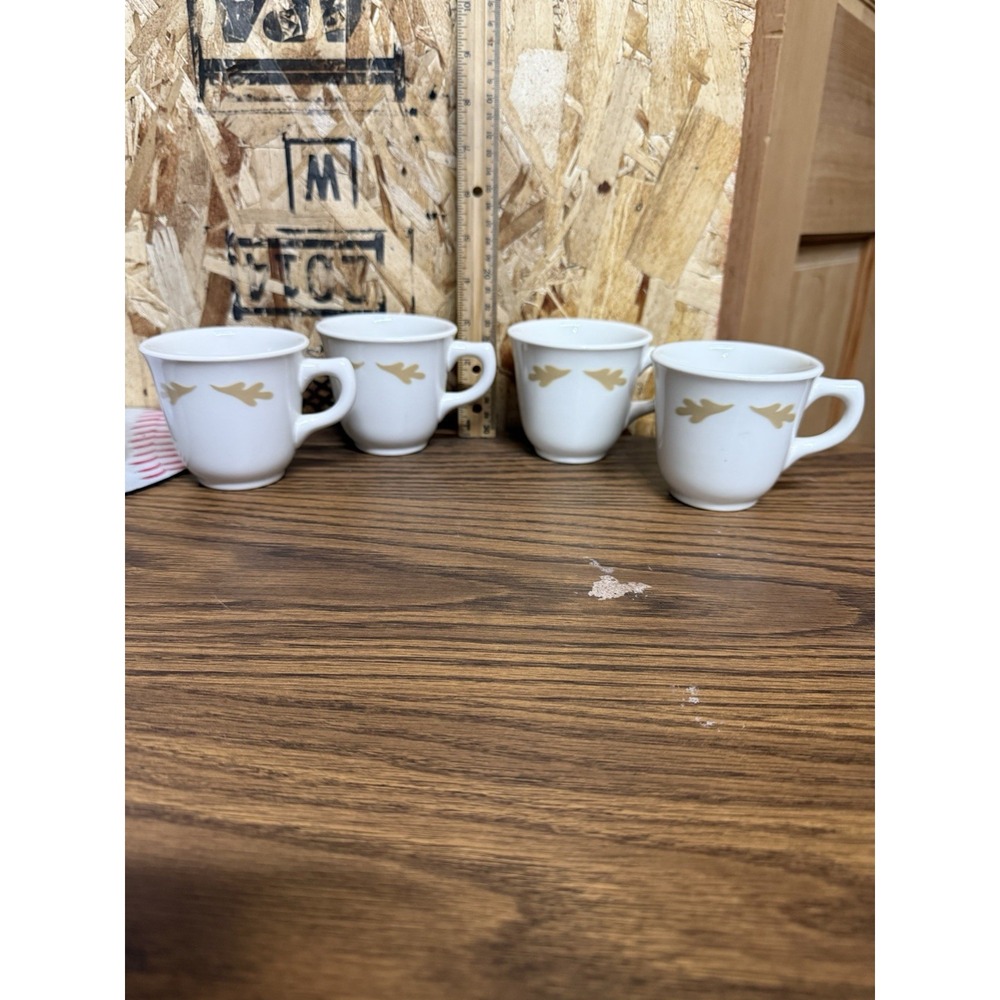Vintage Mayer China Gold Oak Leaf Coffee Cups Set of 4 Restaurant Ware USA 1963